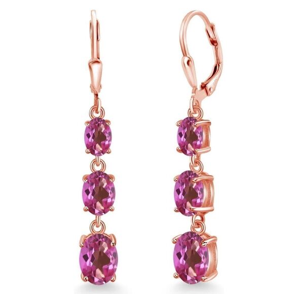 18K Rose Gold with 5.20 Cttw 3 Stone Pink Mystic Topaz Leverback Drop Earrings